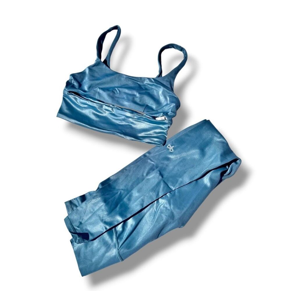 Alo Yoga High Waist Leggings & Yoga Slit Sports Bra Set High Shine Seagrass S/M - Picture 4 of 11